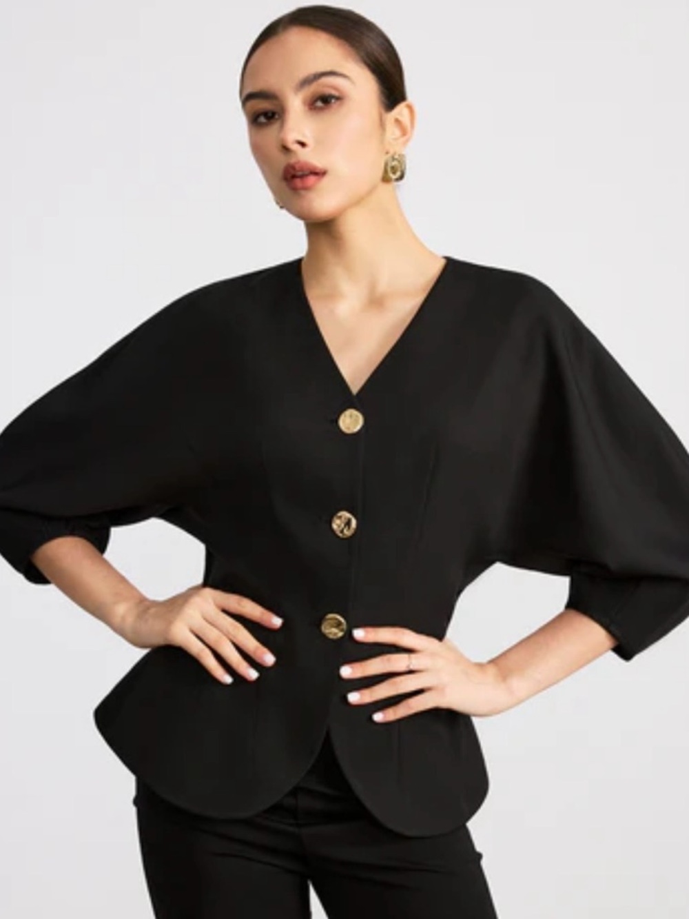 NWT Commense V neck Batwing black top with Gold Buttons -M